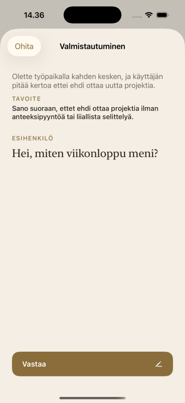 Hetkio puhelimen ruudulla yölampun valossa: valmistautumisnäkymä, jossa käyttäjän oma tilanne on kohtauksena